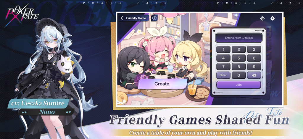 Interface of the Poker Fate app showing the Friendly Game feature to create or join a private room with anime characters
