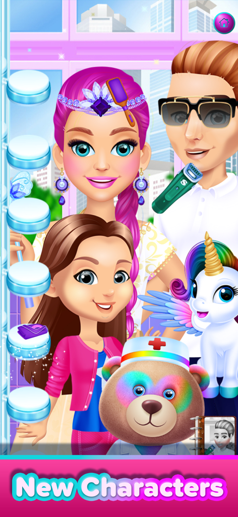 Play Toy & Pet Doctor - Grupo de personajes nuevos incluyendo una princesa de pelo rosa, un unicornio blanco y un oso de peluche doctor en un juego para niños