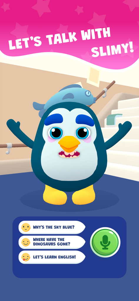 Talk to me Slimy: Brain Quiz - Personaje IA interactivo Bicho vestido de pingüino con preguntas de cuestionario cerebral educativas
