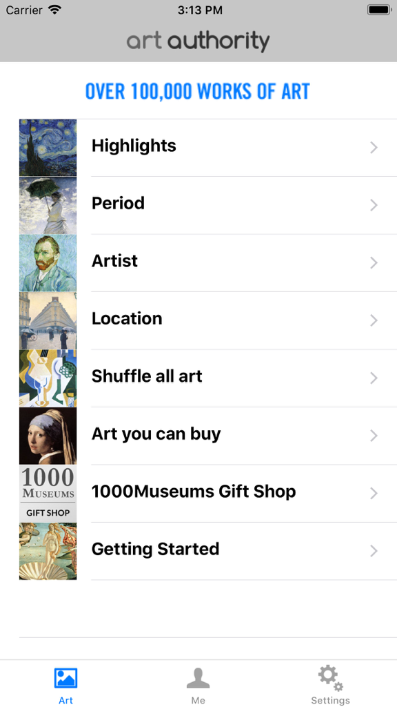 Art Authority - The main menu of the Art Authority app showing navigation categories like Highlights Period Artist and Location next to famous painting thumbnails.