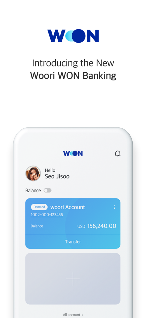 Global Woori WON Banking mobile app dashboard showing account balance and transfer options