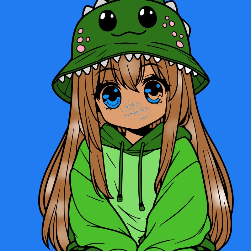 girl with anime shaped eyes with a dinosaur bucket hat oversized sweatshirt long straight hair
