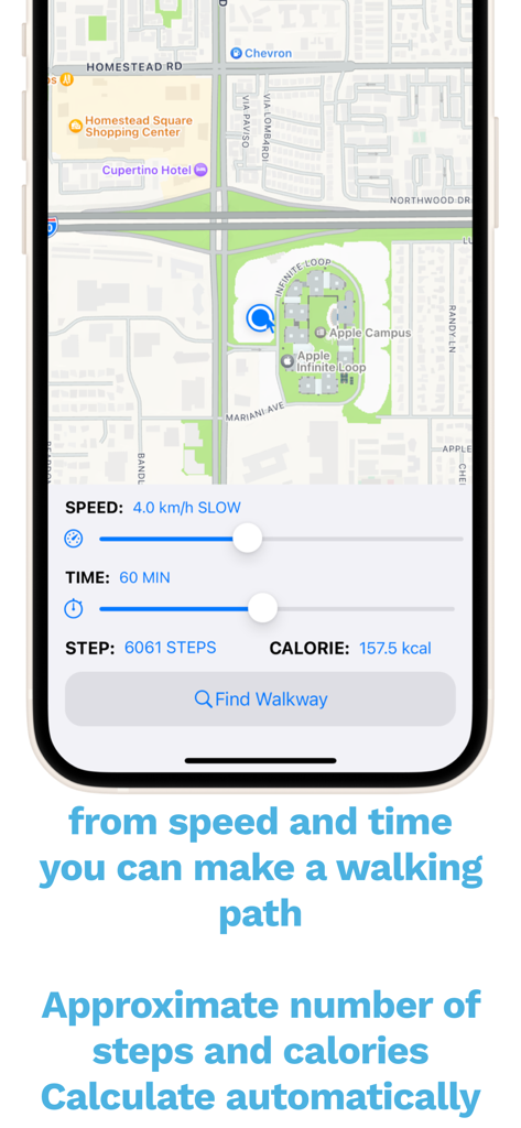 Mr.Walkway - Mr.Walkway app interface showing map and settings to customize a walking path by speed and duration with calorie estimates.