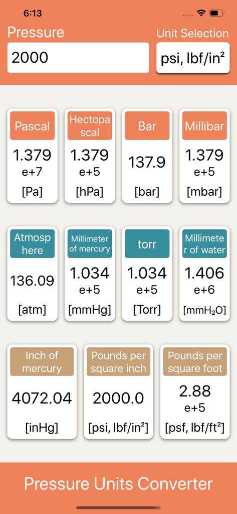 Pressure Units Converter - PSI、バール、パスカルなどの複数の圧力単位の換算結果を示す圧力単位換算アプリのスクリーンショット