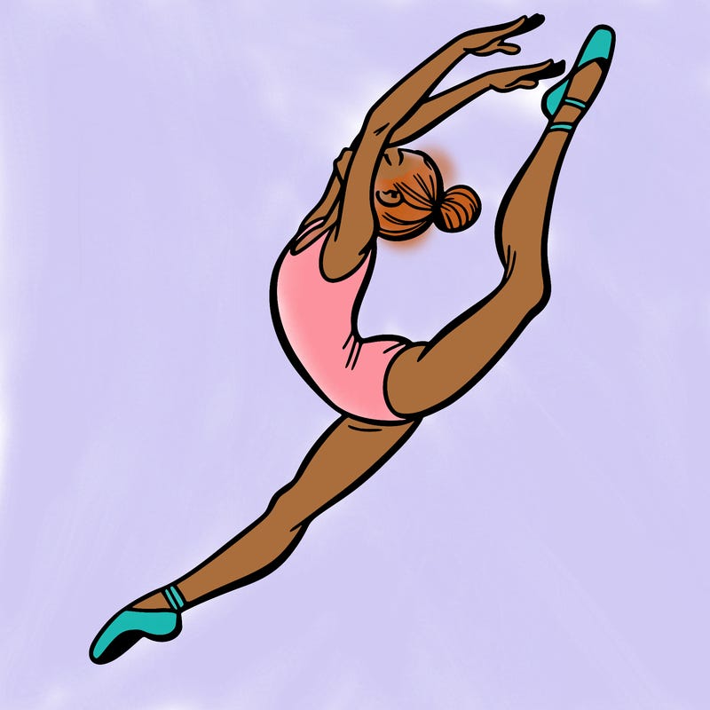 gymnast doing a leap in a leotard with a bent back leg