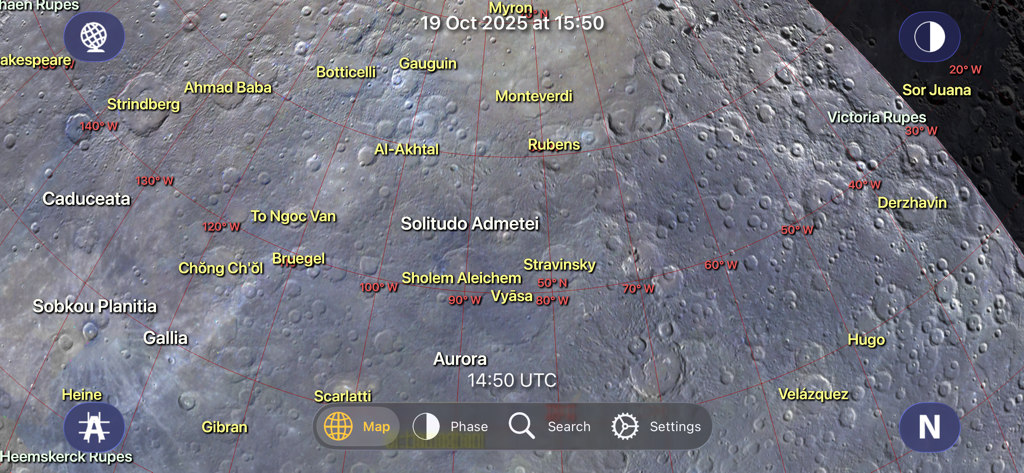 Mercury Atlas - 命名されたクレーターと座標グリッドが表示された惑星の表面を示すマーキュリー・アトラスアプリの詳細なマップビュー。