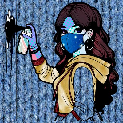 realistic girl with mask spray painting a wall