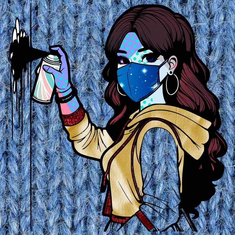 realistic girl with mask spray painting a wall