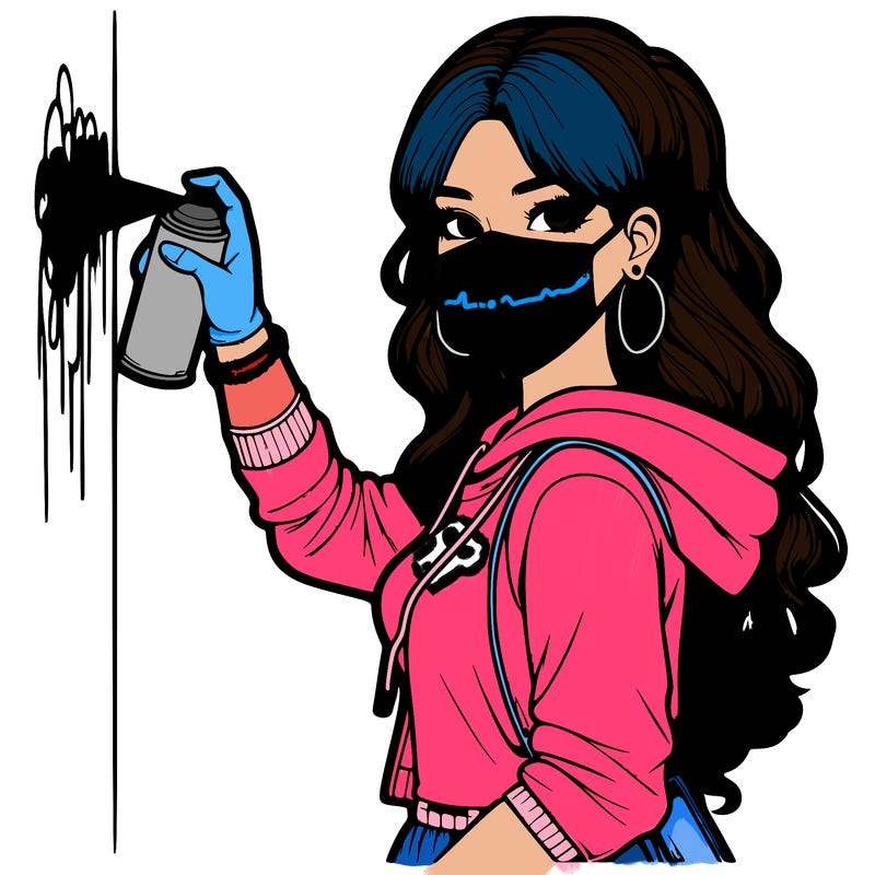 realistic girl with mask spray painting a wall