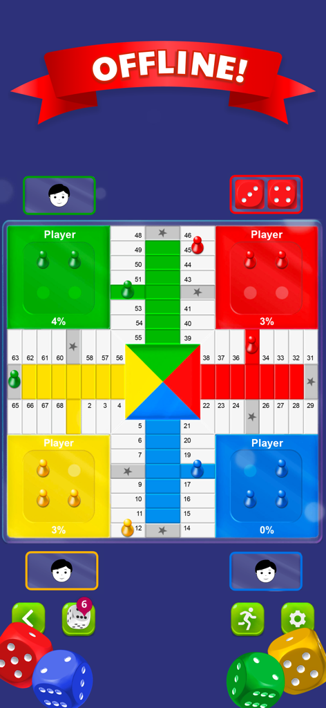 Vista cenital de una interfaz de juego de mesa Parchís para cuatro jugadores mostrando el juego offline.