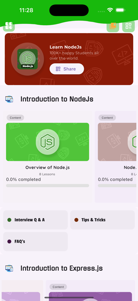 Home screen of the Learn Node.js and Express.js app featuring backend development tutorials and interview preparation sections