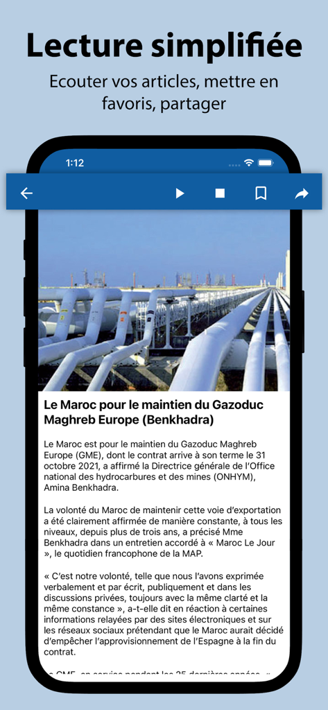 Screenshot dell'app Akhbar Morocco che mostra un articolo di notizie in francese con controlli del lettore audio e opzioni di segnalibro
