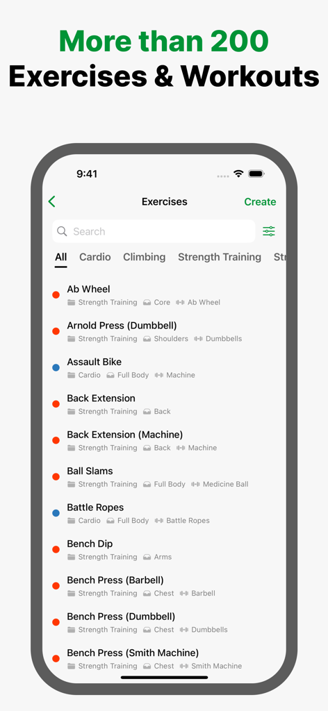 Gym Workout Planner: CrossOver - A mobile screen showing the CrossOver app exercise database with categories for cardio, climbing, and strength training.