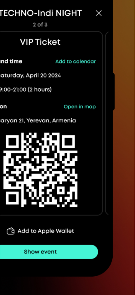 Frisson Events - Digital VIP event ticket with a QR code in the Frisson Events mobile app interface