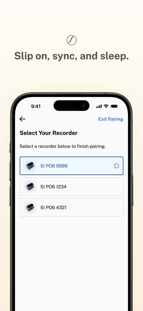 SleepImage app interface for selecting and pairing a clinical sleep recorder device.