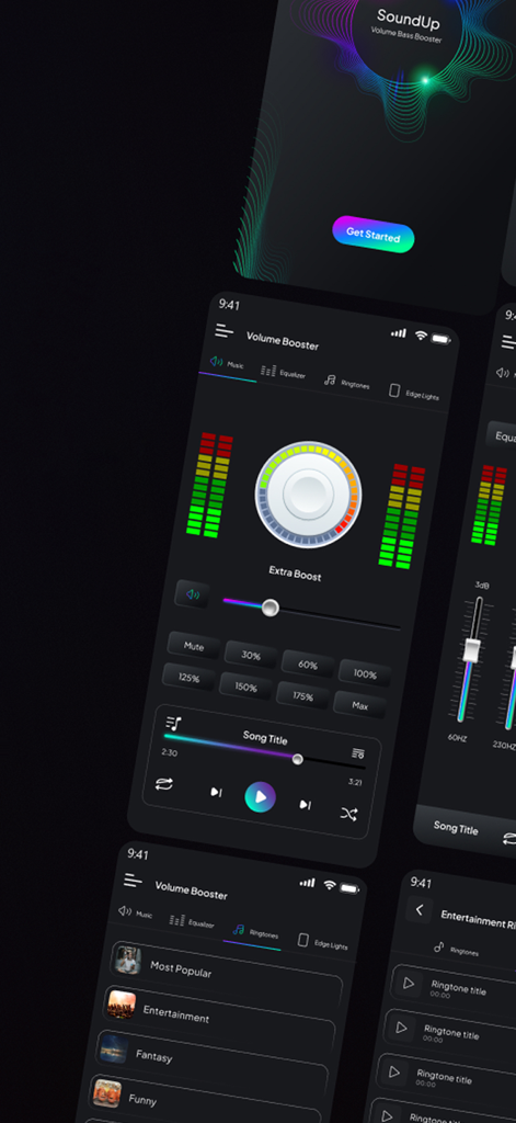 BtSpeaker - BtSpeakerモバイルアプリのインターフェース。音量ブーストダイヤルと音楽再生コントロールが表示されています
