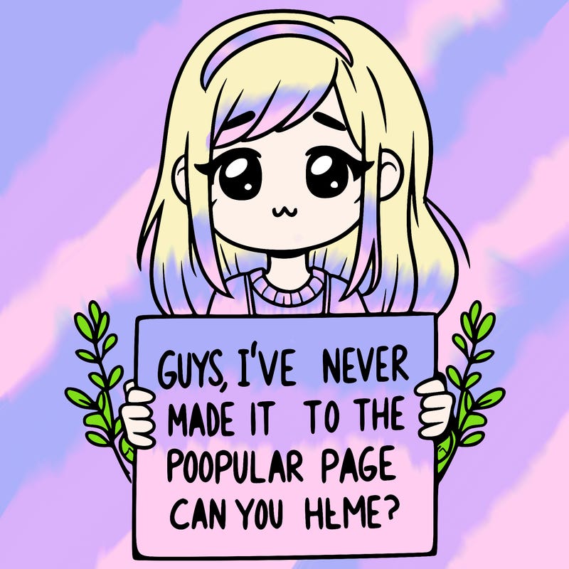a girl holding up a sign that says, guys, i’ve never made it to the popular page, can you help me?