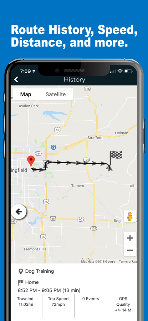 Chirp GPS app interface showing route history map with speed and distance details