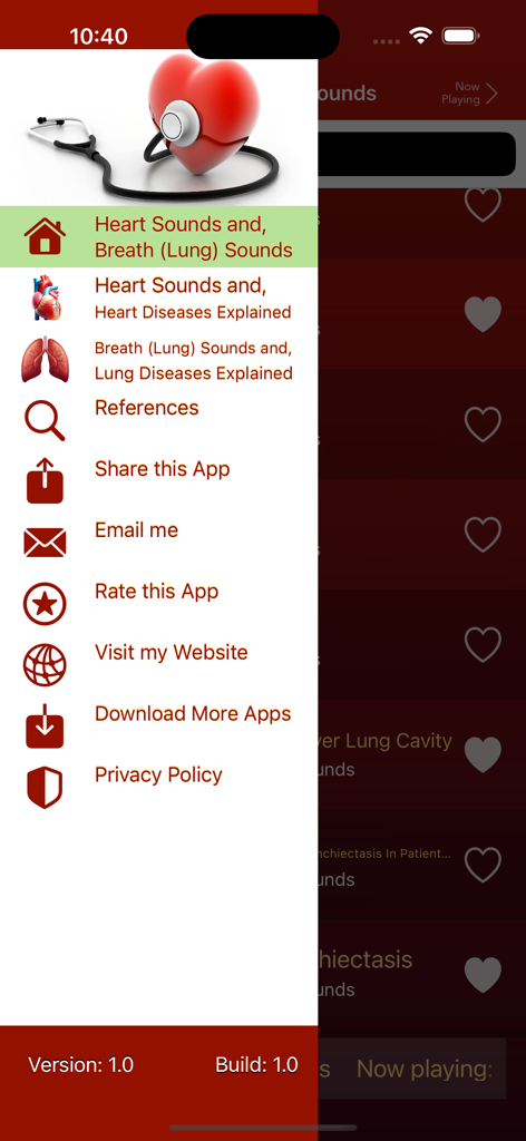 Heart Sounds and Lung Sounds - Navigation menu of the Heart Sounds and Lung Sounds app for medical students showing different clinical categories
