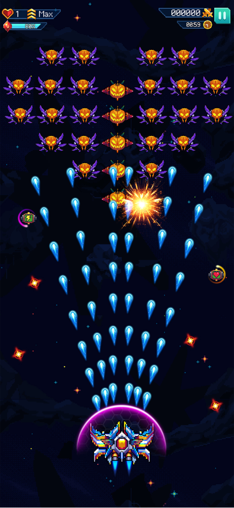 Galaxiga: Classic Arcade Game - Action gameplay of Galaxiga showing a starship firing blue lasers at alien waves in a retro space shooter environment