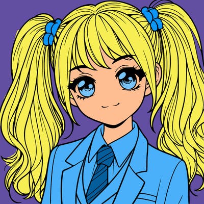 realistic girl with two ponytails and a suit on