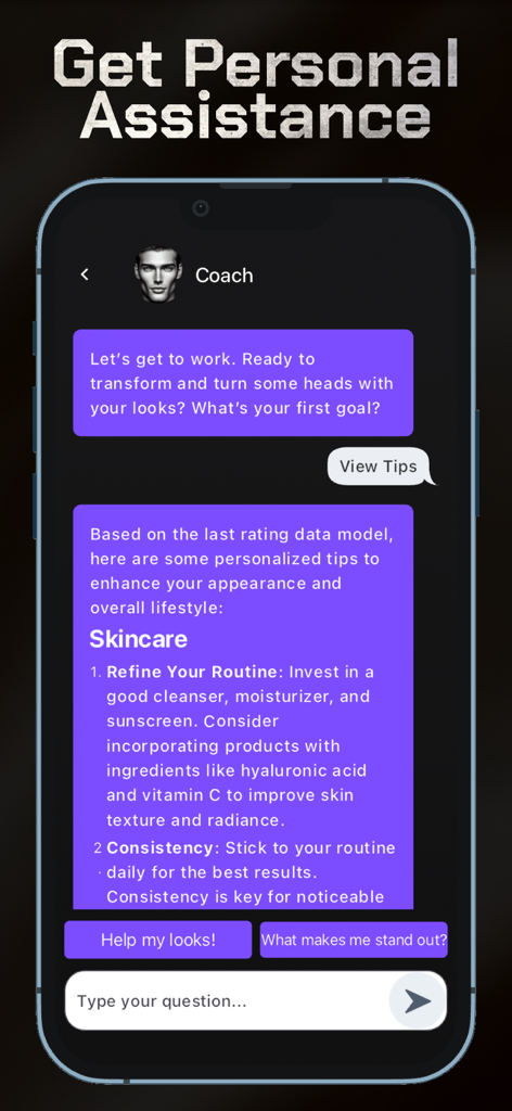 The Mogger app chat interface showing an AI coach providing personalized skincare and grooming tips