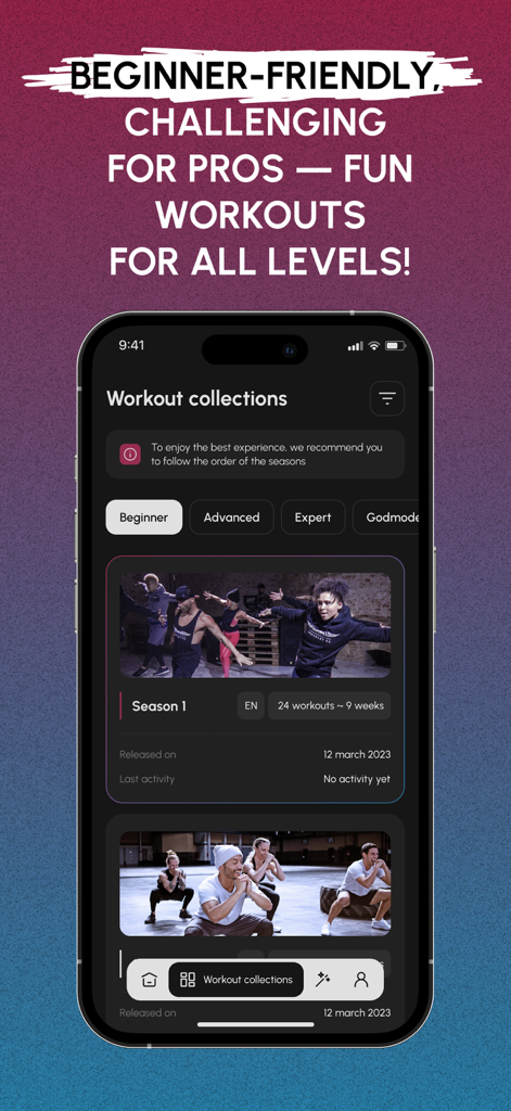 HIIT the Beat - HIIT the Beat app screen showing workout collections categorized by difficulty levels from beginner to expert