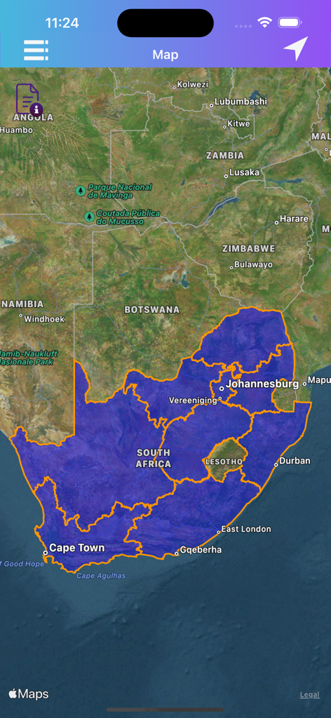 A mobile app screenshot showing a satellite map with a custom blue spatial data overlay of South Africa.