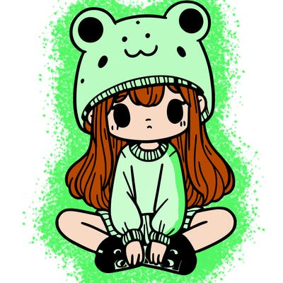 a girl wearing a frog hat and some frog socks