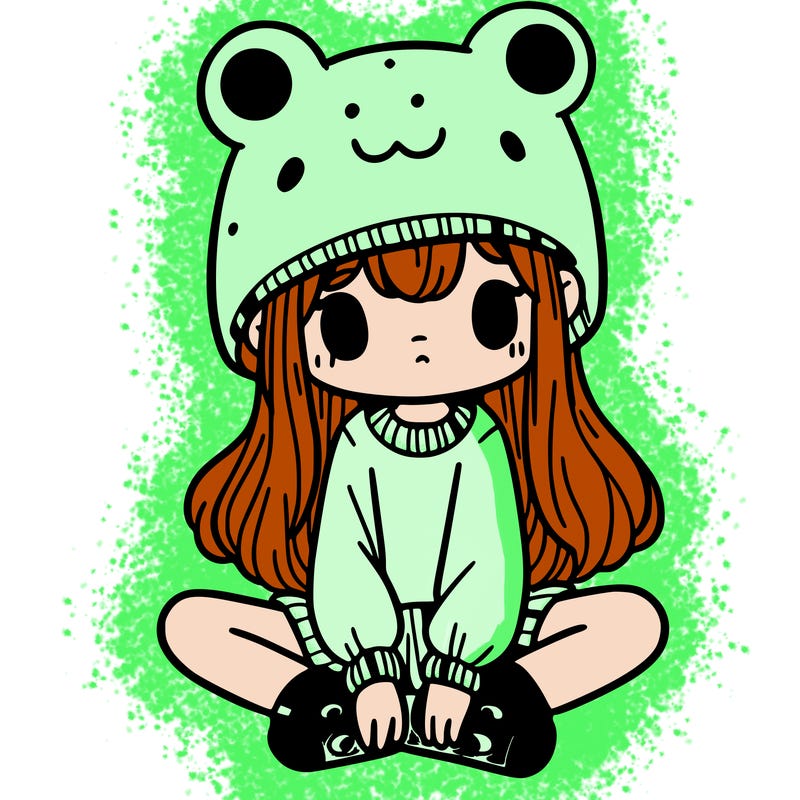 a girl wearing a frog hat and some frog socks