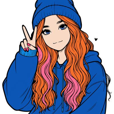 a teenage girl in a beanie, oversized sweatshirt, wavy long hair, and is showing a ✌️
