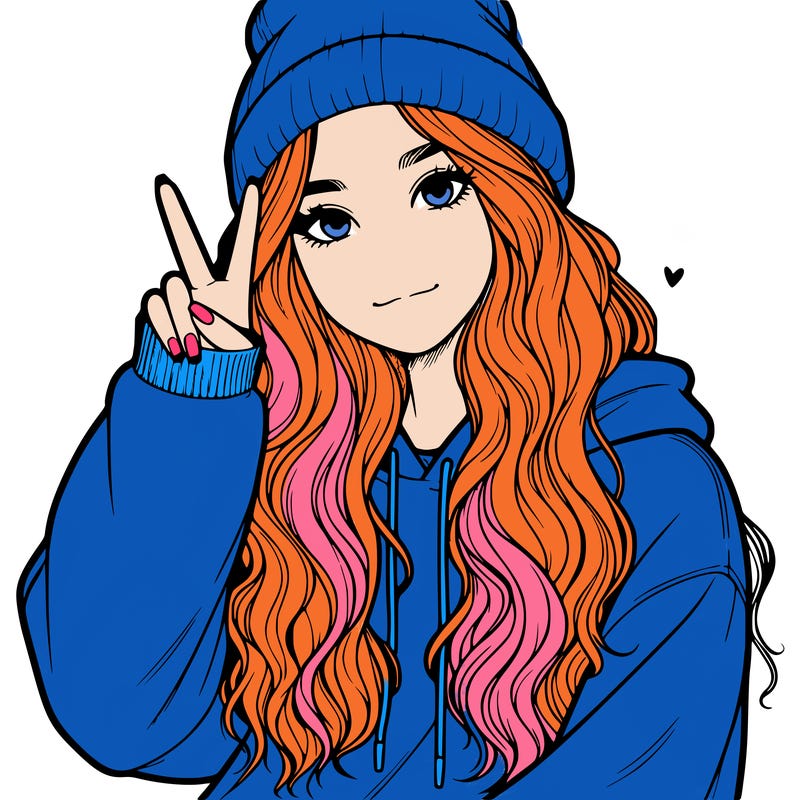 a teenage girl in a beanie, oversized sweatshirt, wavy long hair, and is showing a ✌️