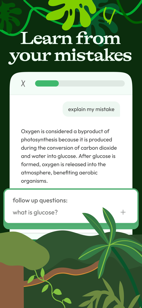 Jungle: AI Flashcards & Quiz - Jungle app interface showing AI generated explanation for a study mistake and a follow up question feature