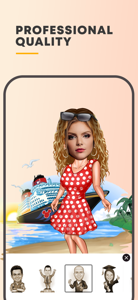 Face Caricature -Cartoon Photo - Caricatura de qualidade profissional de uma mulher em um vestido de bolinhas vermelhas em frente a um navio de cruzeiro