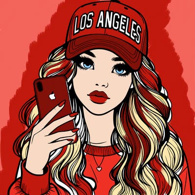 realistic beautiful girl wearing los ángeles cap holding an iphone