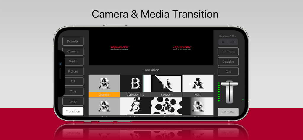 TopDirector - TopDirector mobile app interface showing a grid of video transition effects and a professional T-bar controller for live broadcasting