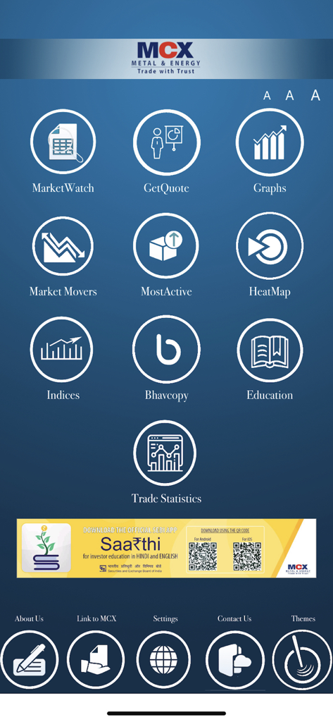 Main dashboard of the MCX mobile app featuring icons for market data, trading graphs, and commodity indices