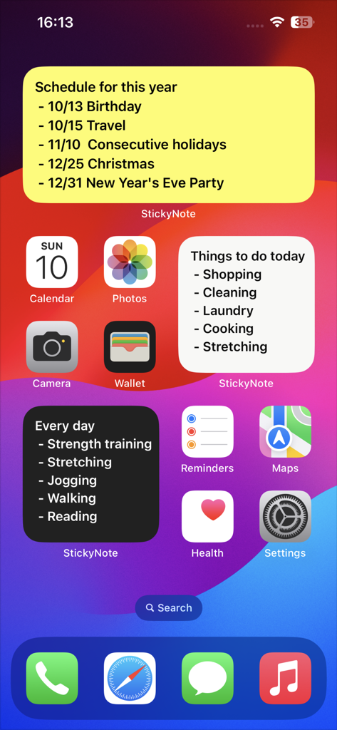 Sticky Note Widget - Cute Memo - A screenshot of an iPhone home screen featuring various colorful sticky note widgets for organizing tasks and schedules