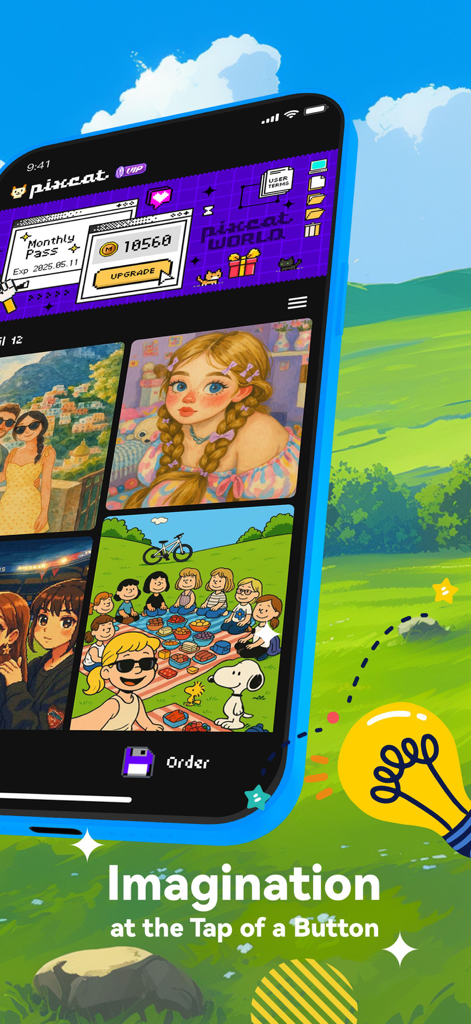 Pixcat – AI for Photo & Meme - Pixcat mobile app interface showing various AI generated art styles including anime and cartoon filters