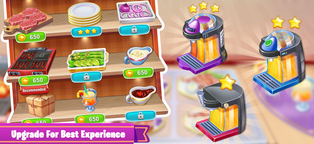 Cooking Food: Restaurant Games - Kitchen upgrade menu showing food ingredients and juice machines for a restaurant simulation game