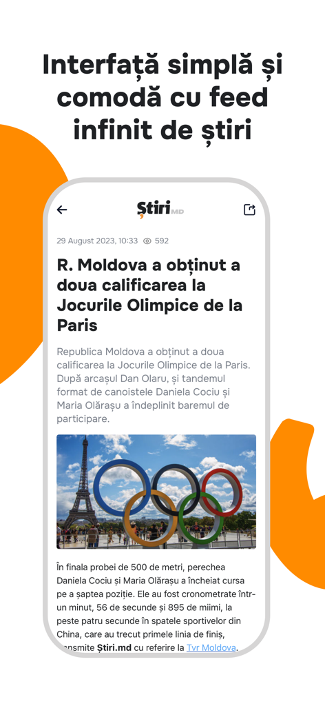 Stiri.md - Știri din Moldova - Mobile interface of Stiri.md news app showing an article about Moldova at the Paris Olympics