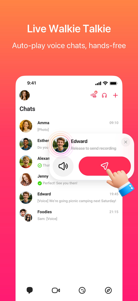 Interfaccia dell'app JusTalk che mostra la funzione walkie talkie live e chat vocale push-to-talk