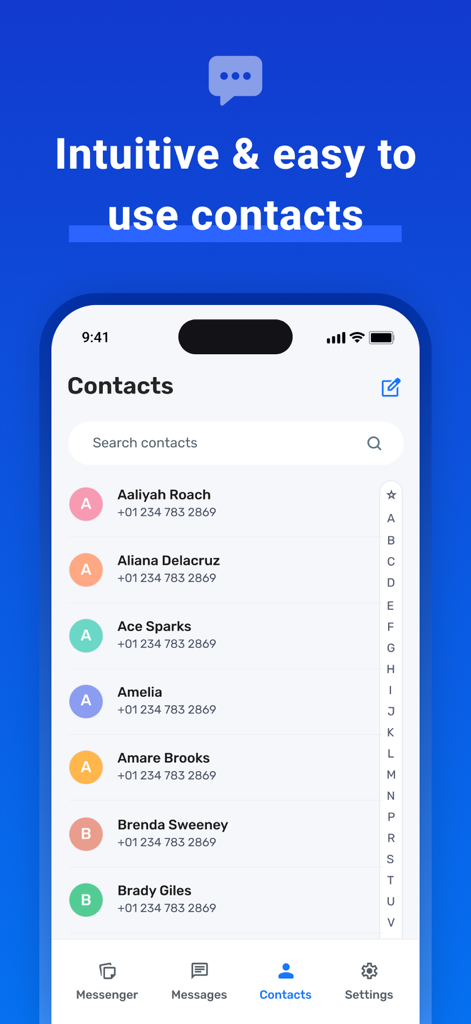 Interface showing the intuitive and easy to use contact list in the Messenger All dual messaging app