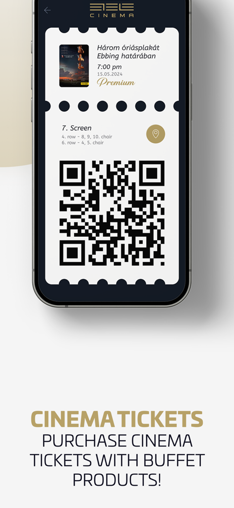 Etele Plaza - A digital cinema ticket with a QR code and seat information within the Etele Plaza mobile app