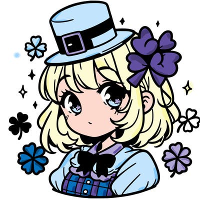 a manga-style girl with clovers around her, a little hat in her hair, like it's saint patrick's day