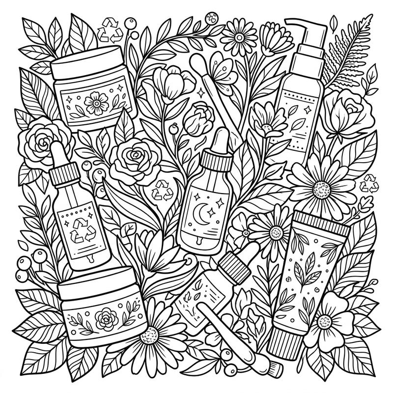 Dive into a unique coloring experience celebrating Earth Day with beautifully designed eye treatment products surrounded by lush botanical elements. This intricate page blends self-care and environmental consciousness for a relaxing creative session.
