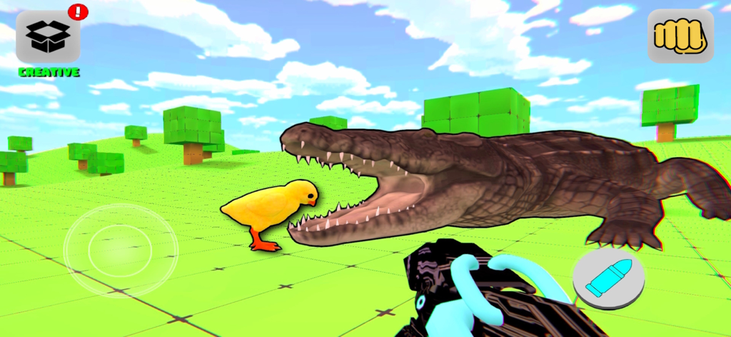 Gameplay of Monster Sandbox Playground 3D showing a giant crocodile with its mouth open facing a small chick in a creative sandbox world.