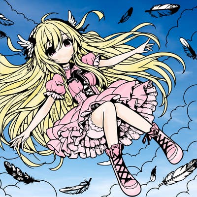 anime girl falling in sky with feathers and long hair