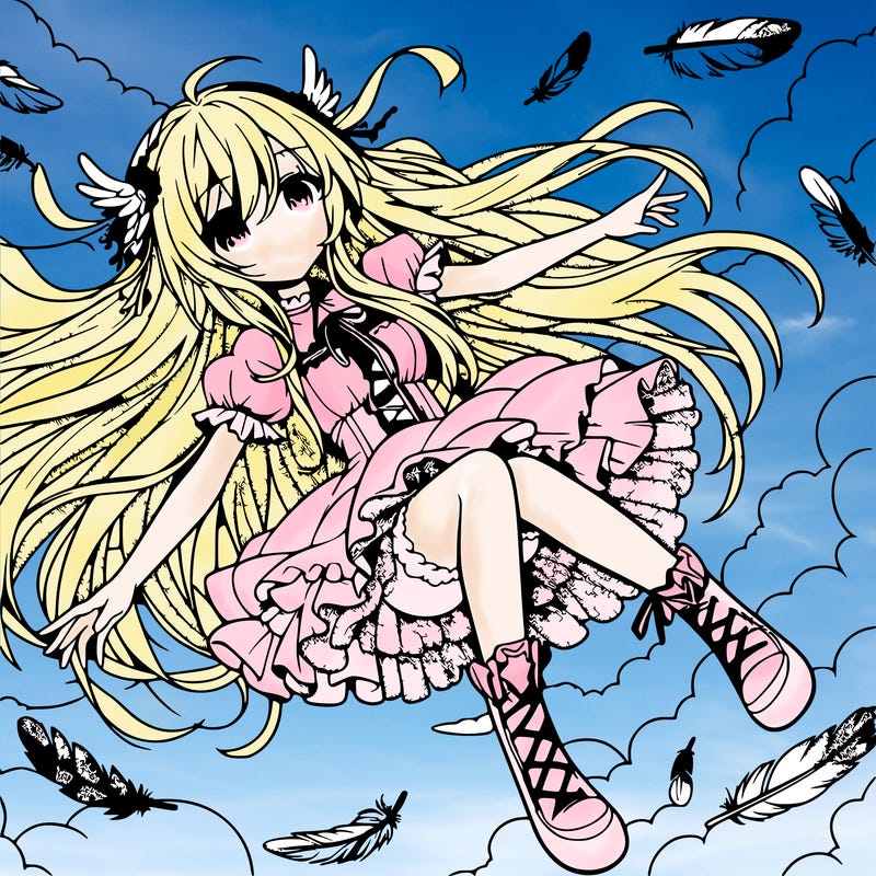 anime girl falling in sky with feathers and long hair