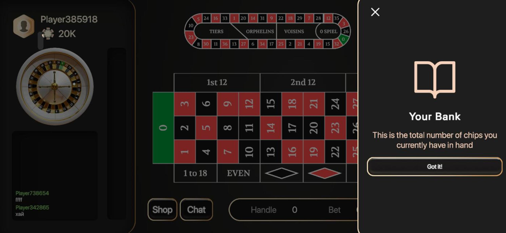 Casino Online - Multiplayer - Una pantalla de la aplicación Casino Online que muestra la mesa de ruleta y una ventana emergente que explica la función de banco de fichas.